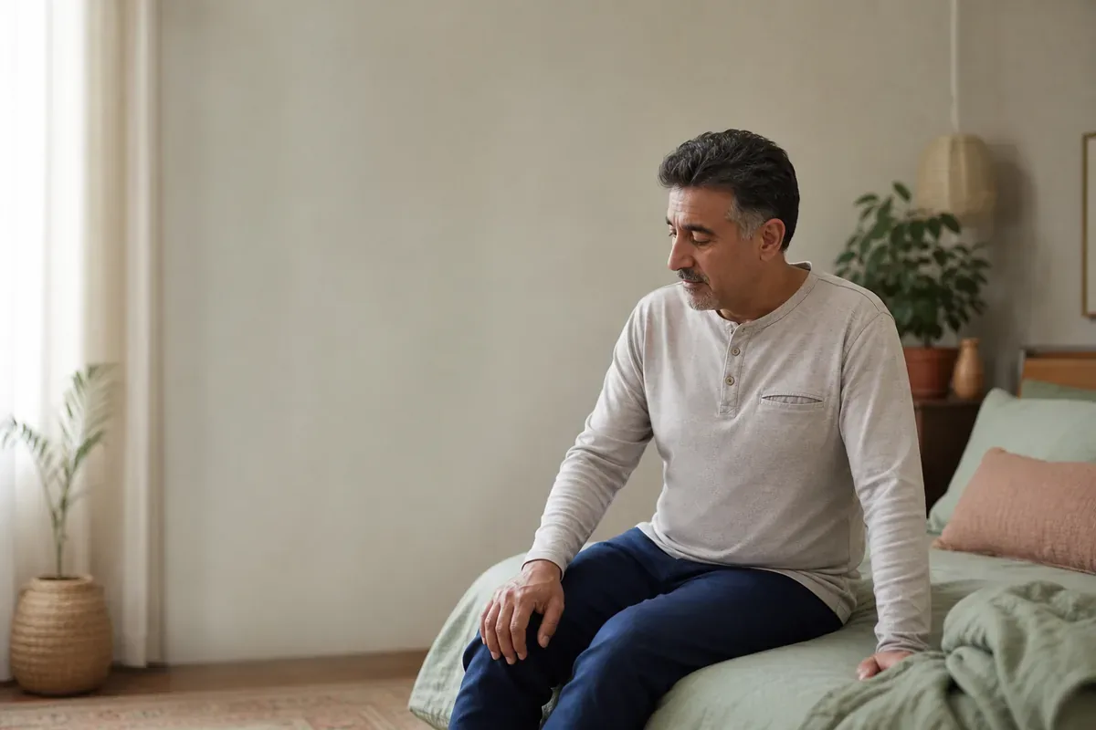 مردی میانسال صبح لبهٔ تخت نشسته و با دست تعادل خود را نگه داشته است