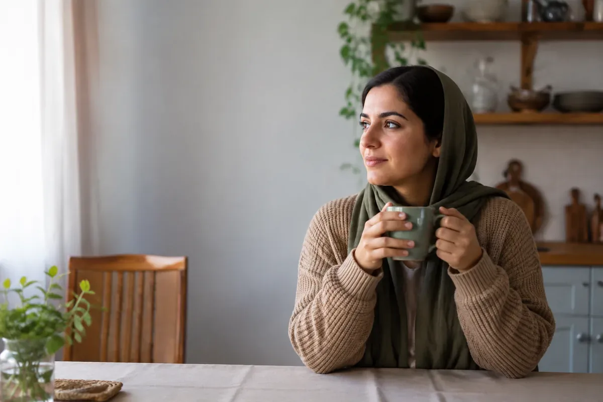 زن جوانی پشت میز آشپزخانه فنجان گرمی را با دو دست گرفته است