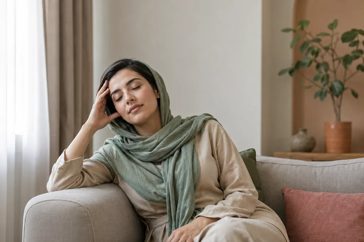 زنی در اتاق کم‌نور روی مبل نشسته و دستش را آرام روی شقیقه گذاشته است