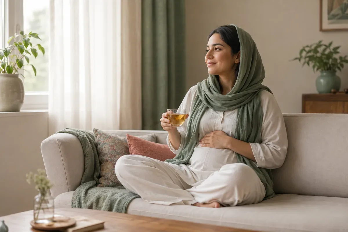 زنی روی مبل نشسته و با فنجان دمنوش دستش را روی شکم گذاشته است