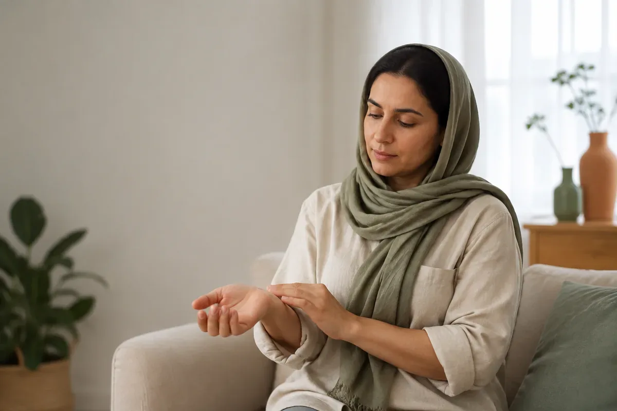 زنی روی مبل نشسته و با دو انگشت نبض مچ دستش را می‌گیرد