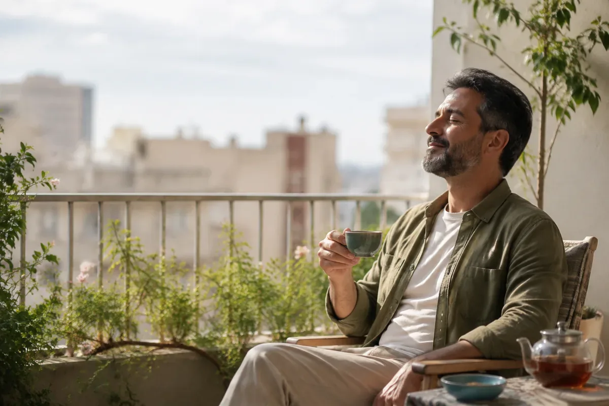 مردی چهل‌ساله صبح در بالکن زیر آفتاب با فنجان چای نشسته است