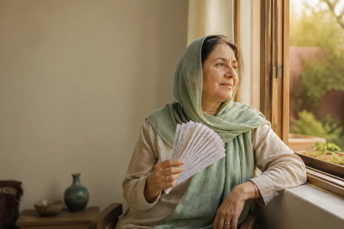 زنی پنجاه‌ساله کنار پنجرهٔ باز نشسته و خود را با کاغذ باد می‌زند